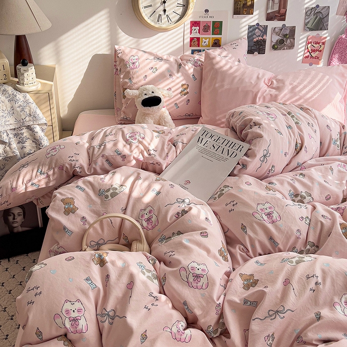 91家纺网 家纺一手货源 找家纺 韩巢家纺 2025新款水洗棉印花被套床单四件套学生宿舍床上三件套 -提供卖家秀 小猫线球