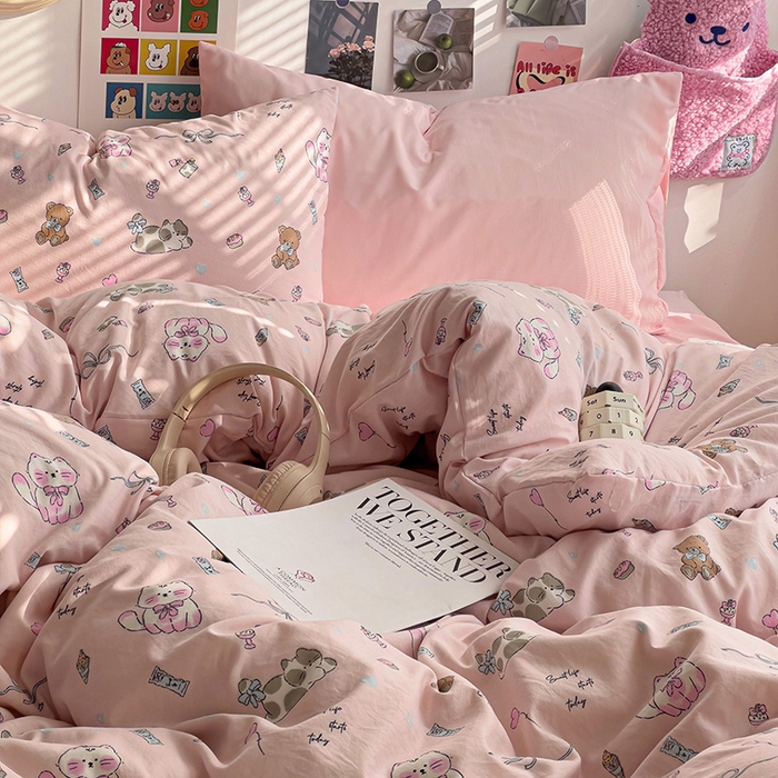 91家纺网 家纺一手货源 找家纺 韩巢家纺 2025新款水洗棉印花被套床单四件套学生宿舍床上三件套 -提供卖家秀 小猫线球