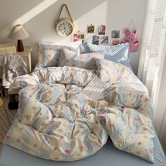 91家纺网 家纺一手货源 找家纺 韩巢家纺 2025新款水洗棉印花被套床单四件套学生宿舍床上三件套 -提供卖家秀 小懒包