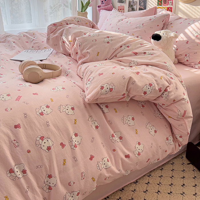 91家纺网 家纺一手货源 找家纺 韩巢家纺 2025新款水洗棉印花被套床单四件套学生宿舍床上三件套 -提供卖家秀 糖果KT