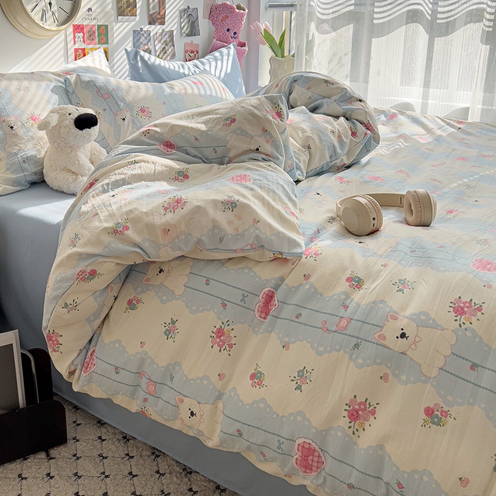 91家纺网 家纺一手货源 找家纺 韩巢家纺 2025新款水洗棉印花被套床单四件套学生宿舍床上三件套 -提供卖家秀 小懒包