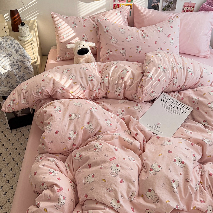 91家纺网 家纺一手货源 找家纺 韩巢家纺 2025新款水洗棉印花被套床单四件套学生宿舍床上三件套 -提供卖家秀 糖果KT