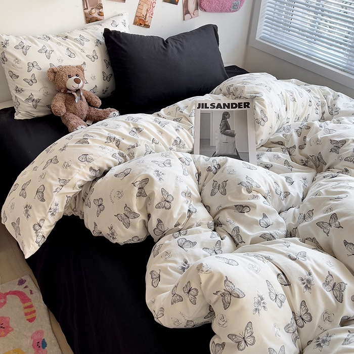 91家纺网 家纺一手货源 找家纺 韩巢家纺 2025新款水洗棉印花被套床单四件套学生宿舍床上三件套 -提供卖家秀 梦幻蝴蝶