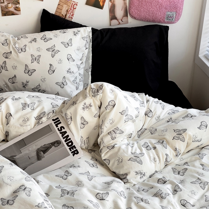 91家纺网 家纺一手货源 找家纺 韩巢家纺 2025新款水洗棉印花被套床单四件套学生宿舍床上三件套 -提供卖家秀 梦幻蝴蝶