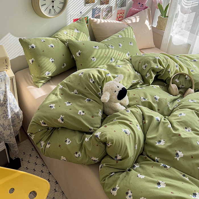 91家纺网 家纺一手货源 找家纺 韩巢家纺 2025新款水洗棉印花被套床单四件套学生宿舍床上三件套 -提供卖家秀 一只绿狗