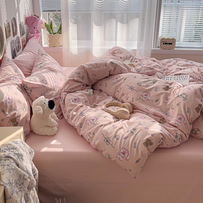 91家纺网 家纺一手货源 找家纺 韩巢家纺 2025新款水洗棉印花被套床单四件套学生宿舍床上三件套 -提供卖家秀 小猫线球