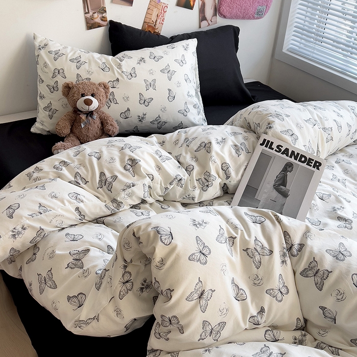 91家纺网 家纺一手货源 找家纺 韩巢家纺 2025新款水洗棉印花被套床单四件套学生宿舍床上三件套 -提供卖家秀 梦幻蝴蝶