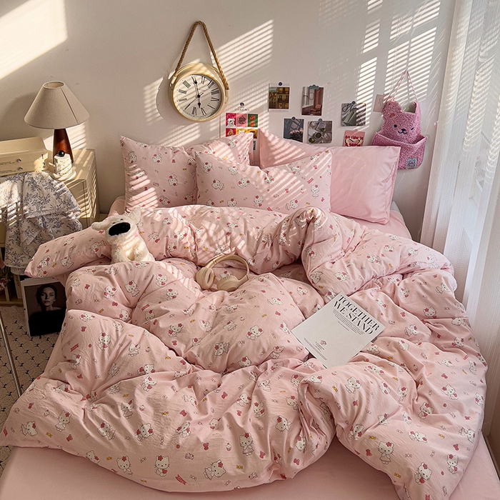 91家纺网 家纺一手货源 找家纺 韩巢家纺 2025新款水洗棉印花被套床单四件套学生宿舍床上三件套 -提供卖家秀 糖果KT