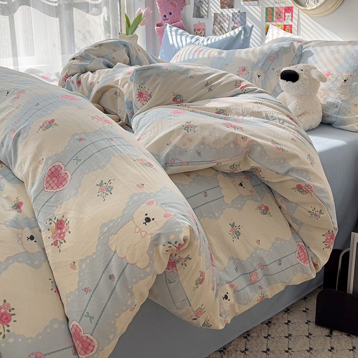 91家纺网 家纺一手货源 找家纺 韩巢家纺 2025新款水洗棉印花被套床单四件套学生宿舍床上三件套 -提供卖家秀 小懒包