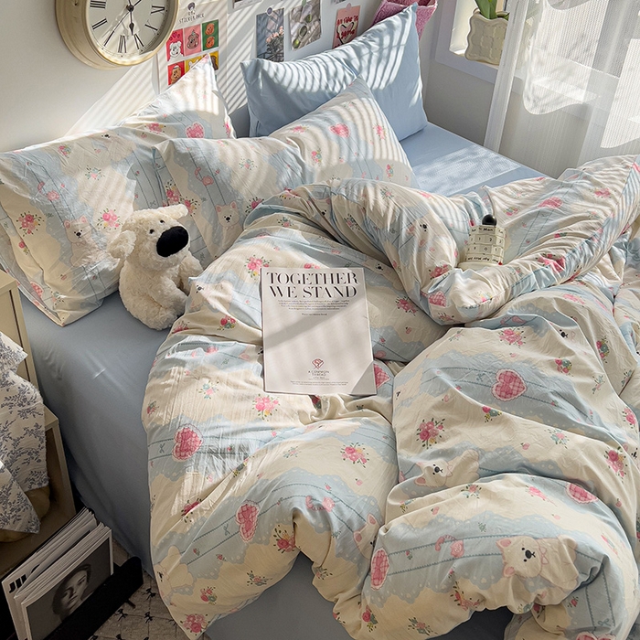 91家纺网 家纺一手货源 找家纺 韩巢家纺 2025新款水洗棉印花被套床单四件套学生宿舍床上三件套 -提供卖家秀 小懒包