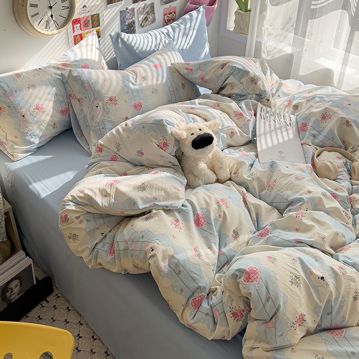 91家纺网 家纺一手货源 找家纺 韩巢家纺 2025新款水洗棉印花被套床单四件套学生宿舍床上三件套 -提供卖家秀 小懒包