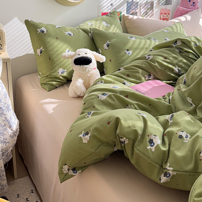 91家纺网 家纺一手货源 找家纺 韩巢家纺 2025新款水洗棉印花被套床单四件套学生宿舍床上三件套 -提供卖家秀 一只绿狗