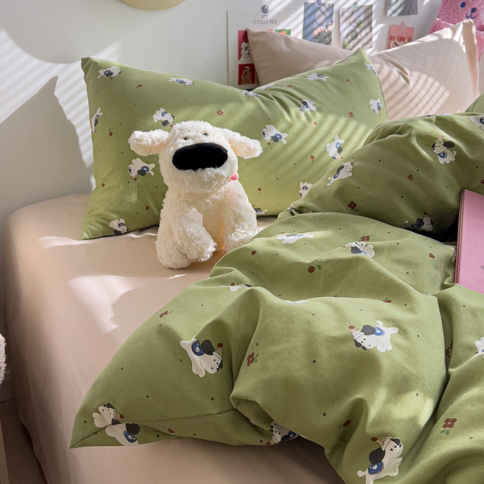 91家纺网 家纺一手货源 找家纺 韩巢家纺 2025新款水洗棉印花被套床单四件套学生宿舍床上三件套 -提供卖家秀 一只绿狗