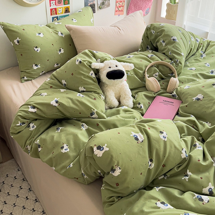 韩巢家纺 2025新款水洗棉印花被套床单四件套学生宿舍床上三件套 -提供卖家秀 一只绿狗
