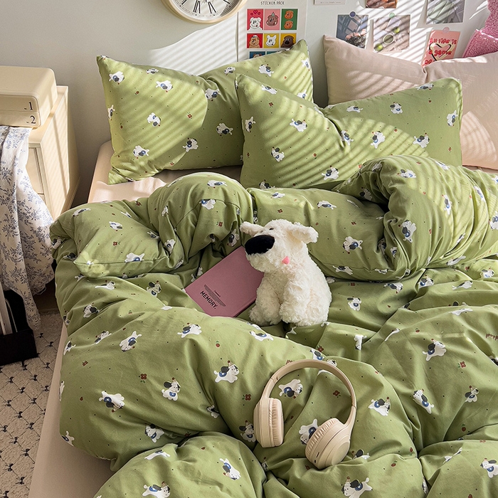 91家纺网 家纺一手货源 找家纺 韩巢家纺 2025新款水洗棉印花被套床单四件套学生宿舍床上三件套 -提供卖家秀 一只绿狗