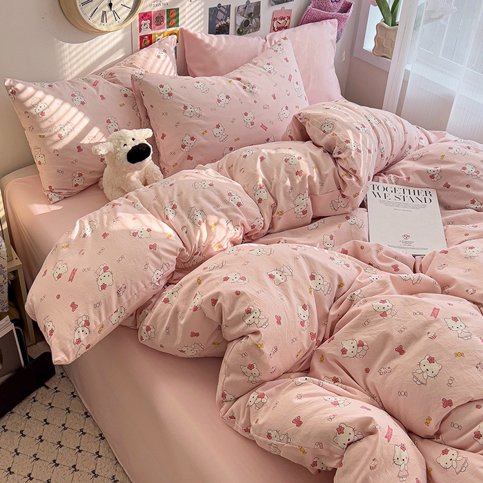 91家纺网 家纺一手货源 找家纺 韩巢家纺 2025新款水洗棉印花被套床单四件套学生宿舍床上三件套 -提供卖家秀 糖果KT