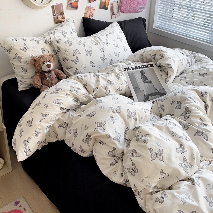 91家纺网 家纺一手货源 找家纺 韩巢家纺 2025新款水洗棉印花被套床单四件套学生宿舍床上三件套 -提供卖家秀 梦幻蝴蝶