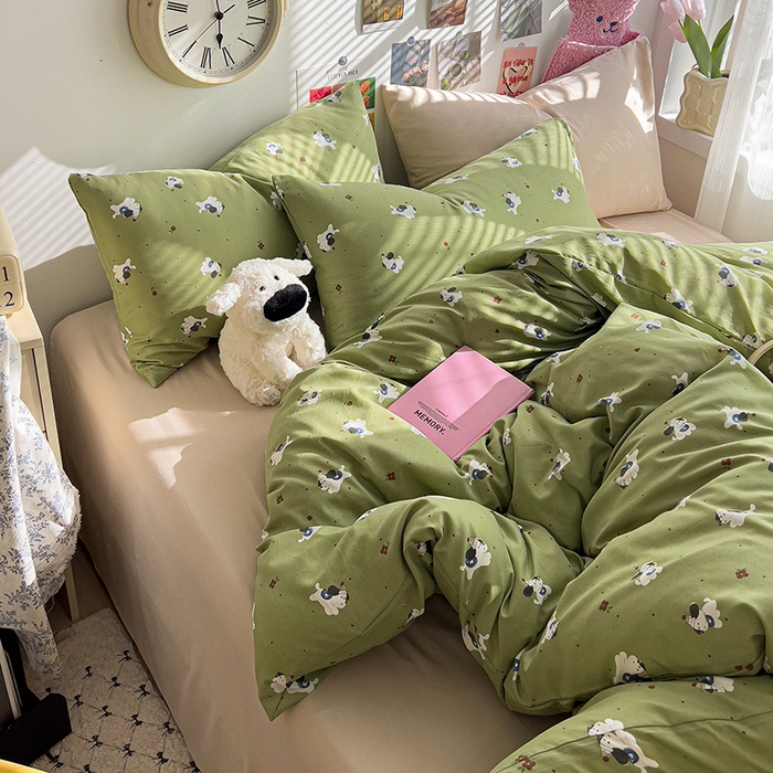 91家纺网 家纺一手货源 找家纺 韩巢家纺 2025新款水洗棉印花被套床单四件套学生宿舍床上三件套 -提供卖家秀 一只绿狗