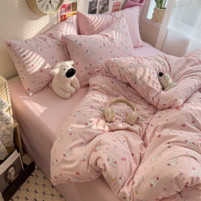 91家纺网 家纺一手货源 找家纺 韩巢家纺 2025新款水洗棉印花被套床单四件套学生宿舍床上三件套 -提供卖家秀 糖果KT