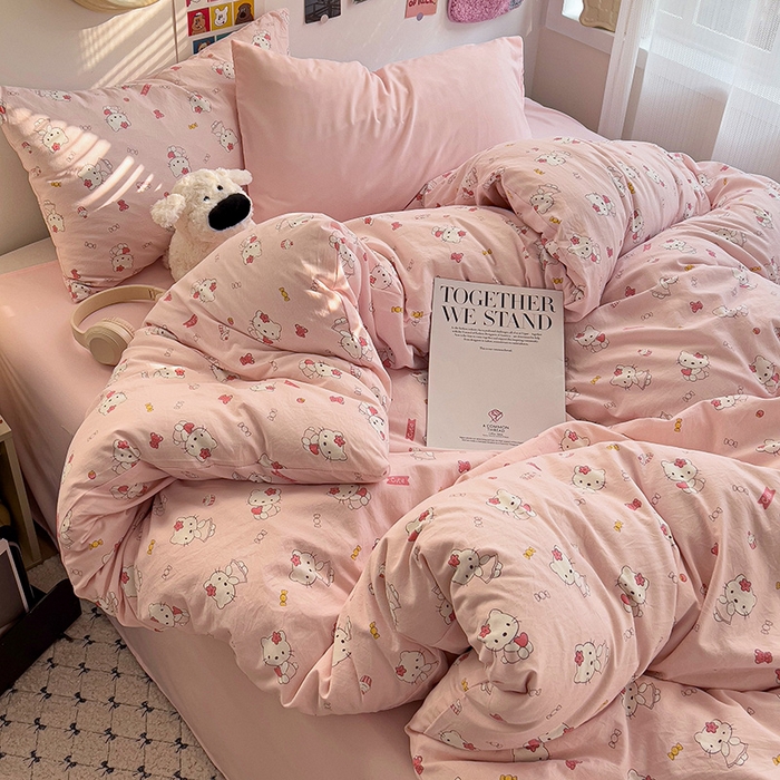 91家纺网 家纺一手货源 找家纺 韩巢家纺 2025新款水洗棉印花被套床单四件套学生宿舍床上三件套 -提供卖家秀 糖果KT