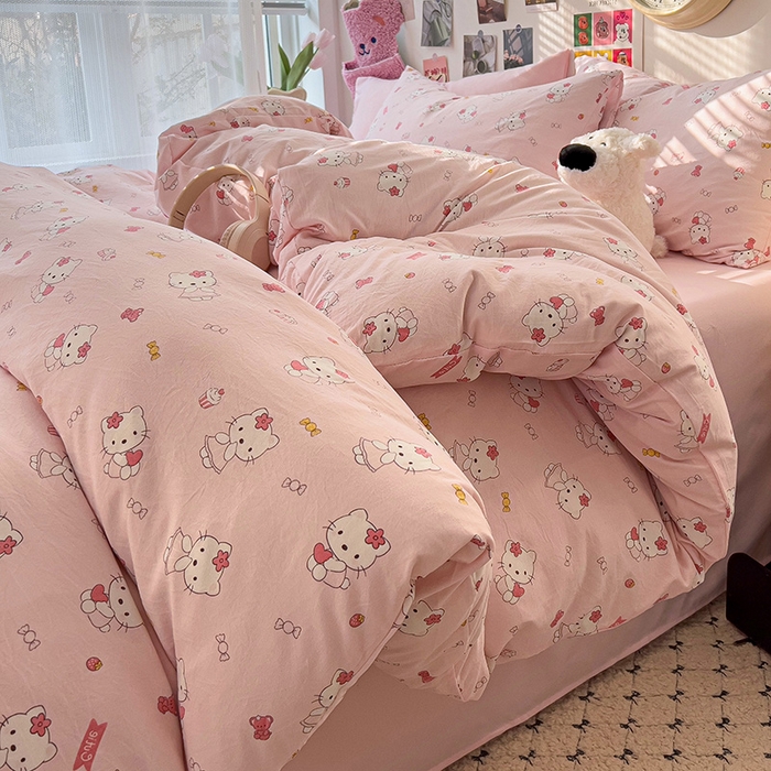 91家纺网 家纺一手货源 找家纺 韩巢家纺 2025新款水洗棉印花被套床单四件套学生宿舍床上三件套 -提供卖家秀 糖果KT