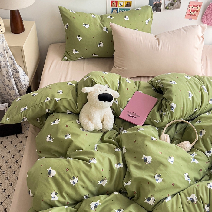 91家纺网 家纺一手货源 找家纺 韩巢家纺 2025新款水洗棉印花被套床单四件套学生宿舍床上三件套 -提供卖家秀 一只绿狗