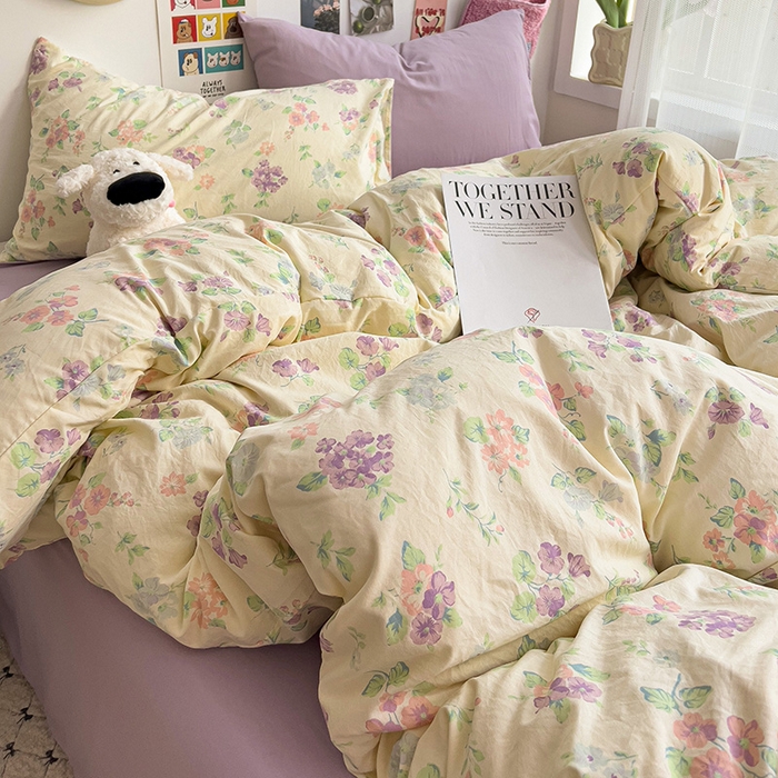 91家纺网 家纺一手货源 找家纺 韩巢家纺 2025新款水洗棉印花被套床单四件套学生宿舍床上三件套 -提供卖家秀 流心奶糕