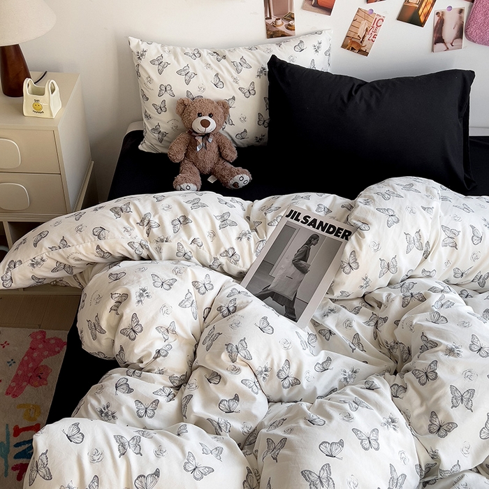 91家纺网 家纺一手货源 找家纺 韩巢家纺 2025新款水洗棉印花被套床单四件套学生宿舍床上三件套 -提供卖家秀 梦幻蝴蝶