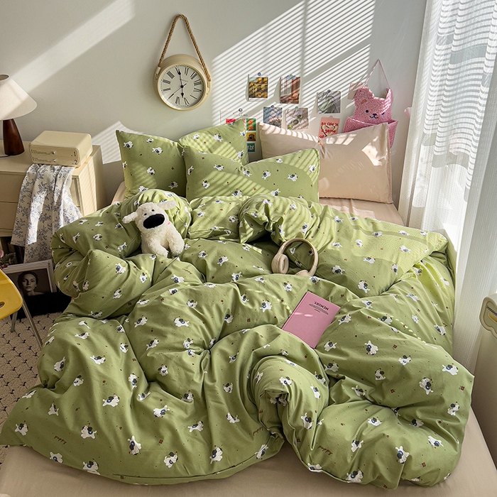 91家纺网 家纺一手货源 找家纺 韩巢家纺 2025新款水洗棉印花被套床单四件套学生宿舍床上三件套 -提供卖家秀 一只绿狗