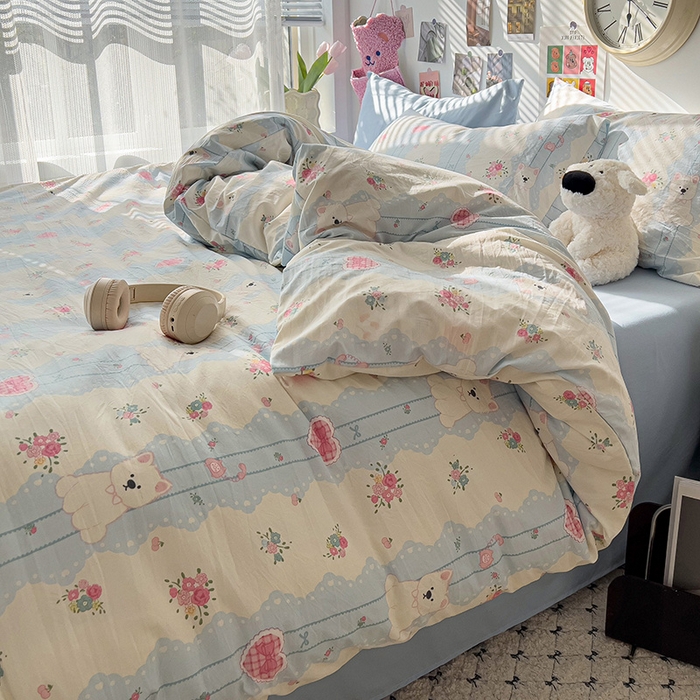 91家纺网 家纺一手货源 找家纺 韩巢家纺 2025新款水洗棉印花被套床单四件套学生宿舍床上三件套 -提供卖家秀 小懒包