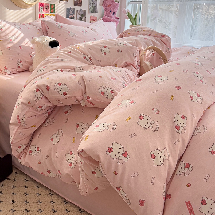 91家纺网 家纺一手货源 找家纺 韩巢家纺 2025新款水洗棉印花被套床单四件套学生宿舍床上三件套 -提供卖家秀 糖果KT