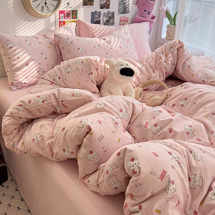 91家纺网 家纺一手货源 找家纺 韩巢家纺 2025新款水洗棉印花被套床单四件套学生宿舍床上三件套 -提供卖家秀 糖果KT