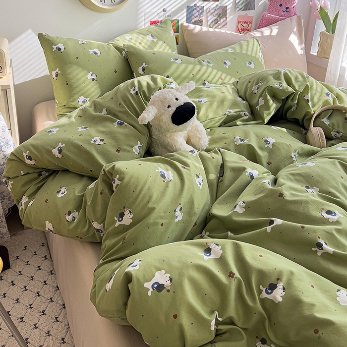 91家纺网 家纺一手货源 找家纺 韩巢家纺 2025新款水洗棉印花被套床单四件套学生宿舍床上三件套 -提供卖家秀 一只绿狗