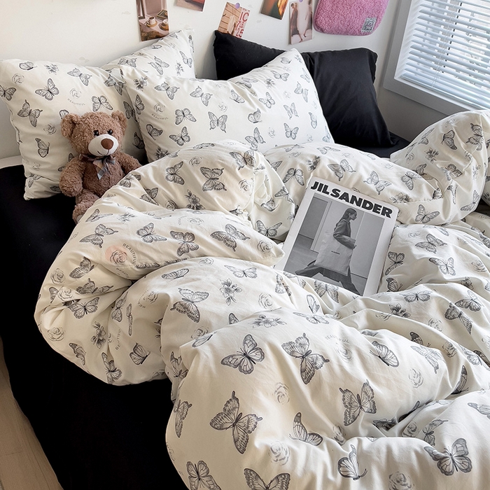 91家纺网 家纺一手货源 找家纺 韩巢家纺 2025新款水洗棉印花被套床单四件套学生宿舍床上三件套 -提供卖家秀 梦幻蝴蝶