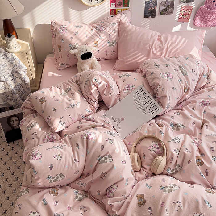 91家纺网 家纺一手货源 找家纺 韩巢家纺 2025新款水洗棉印花被套床单四件套学生宿舍床上三件套 -提供卖家秀 小猫线球