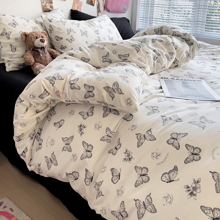 91家纺网 家纺一手货源 找家纺 韩巢家纺 2025新款水洗棉印花被套床单四件套学生宿舍床上三件套 -提供卖家秀 梦幻蝴蝶