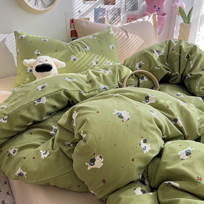 91家纺网 家纺一手货源 找家纺 韩巢家纺 2025新款水洗棉印花被套床单四件套学生宿舍床上三件套 -提供卖家秀 一只绿狗