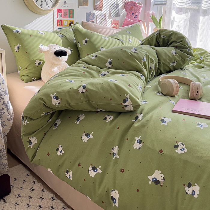 91家纺网 家纺一手货源 找家纺 韩巢家纺 2025新款水洗棉印花被套床单四件套学生宿舍床上三件套 -提供卖家秀 一只绿狗