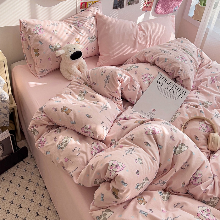 韩巢家纺 2025新款水洗棉印花被套床单四件套学生宿舍床上三件套 -提供卖家秀 小猫线球