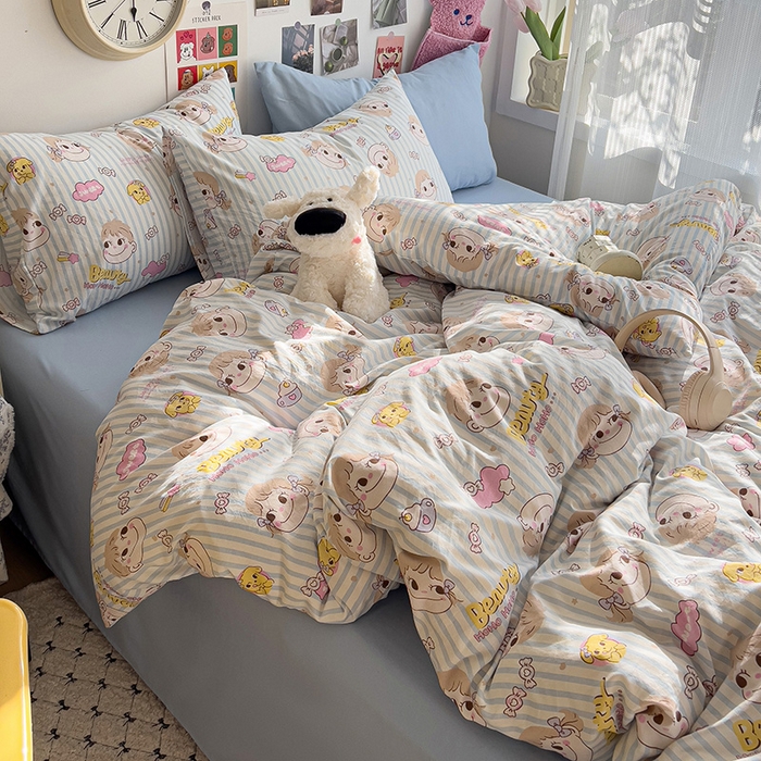 91家纺网 家纺一手货源 找家纺 韩巢家纺 2025新款水洗棉印花被套床单四件套学生宿舍床上三件套 -提供卖家秀 糖小佳