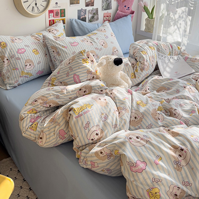 91家纺网 家纺一手货源 找家纺 韩巢家纺 2025新款水洗棉印花被套床单四件套学生宿舍床上三件套 -提供卖家秀 糖小佳