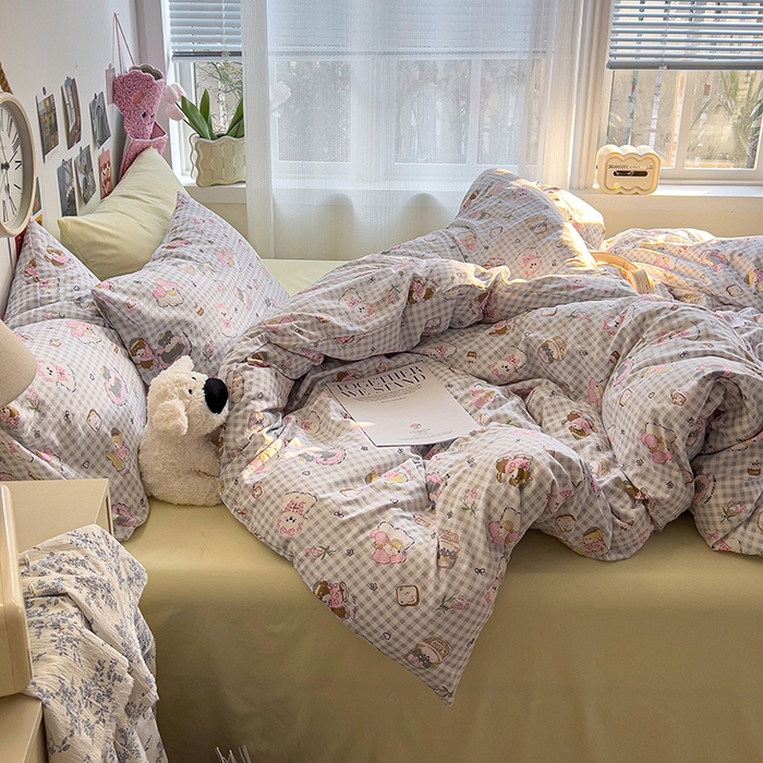 91家纺网 家纺一手货源 找家纺 韩巢家纺 2025新款水洗棉印花被套床单四件套学生宿舍床上三件套 -提供卖家秀 狗狗可丽饼