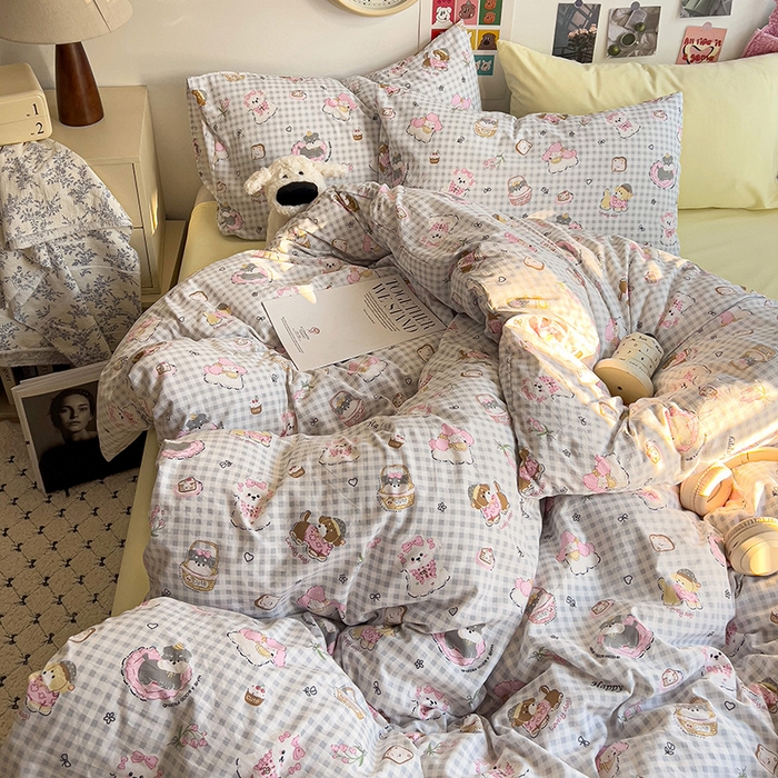 91家纺网 家纺一手货源 找家纺 韩巢家纺 2025新款水洗棉印花被套床单四件套学生宿舍床上三件套 -提供卖家秀 狗狗可丽饼