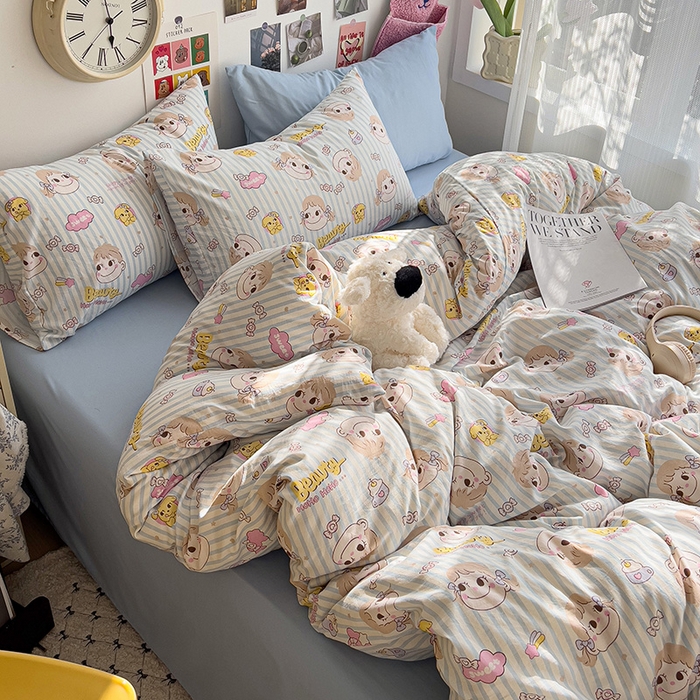 91家纺网 家纺一手货源 找家纺 韩巢家纺 2025新款水洗棉印花被套床单四件套学生宿舍床上三件套 -提供卖家秀 糖小佳