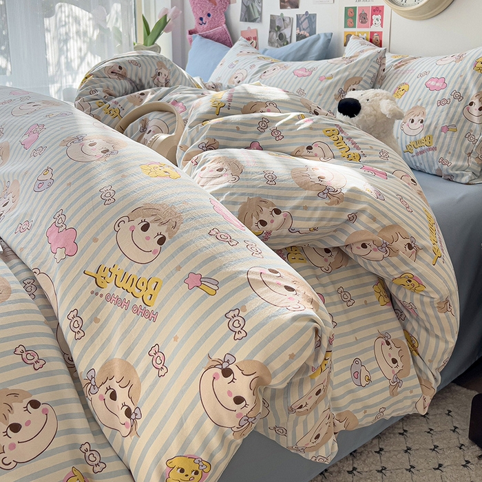 91家纺网 家纺一手货源 找家纺 韩巢家纺 2025新款水洗棉印花被套床单四件套学生宿舍床上三件套 -提供卖家秀 糖小佳