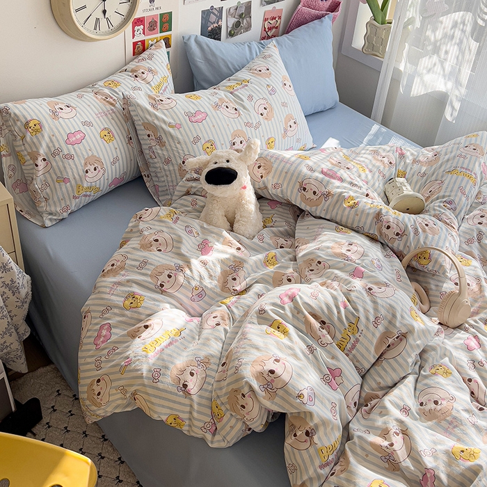 91家纺网 家纺一手货源 找家纺 韩巢家纺 2025新款水洗棉印花被套床单四件套学生宿舍床上三件套 -提供卖家秀 糖小佳