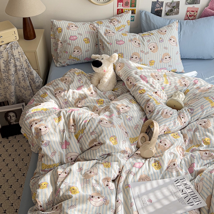 91家纺网 家纺一手货源 找家纺 韩巢家纺 2025新款水洗棉印花被套床单四件套学生宿舍床上三件套 -提供卖家秀 糖小佳