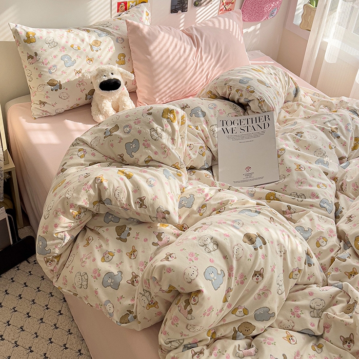 韩巢家纺 2025新款水洗棉印花被套床单四件套学生宿舍床上三件套 -提供卖家秀 灰蒙小狗