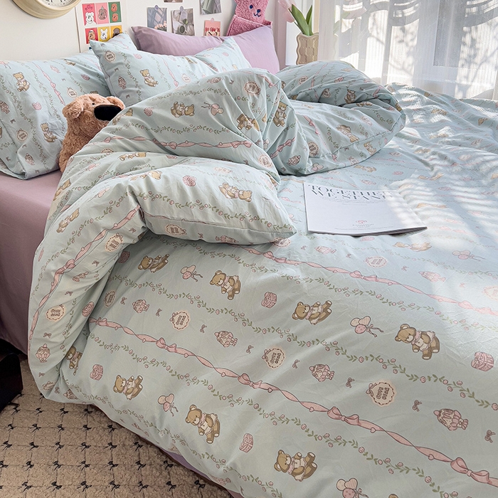 91家纺网 家纺一手货源 找家纺 韩巢家纺 2025新款水洗棉印花被套床单四件套学生宿舍床上三件套 -提供卖家秀 礼物小熊