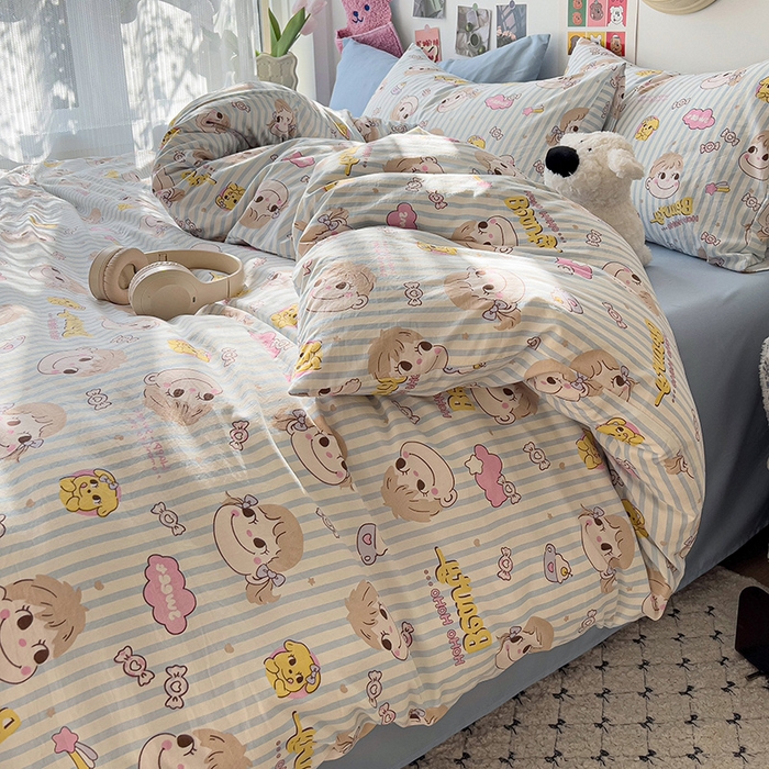 91家纺网 家纺一手货源 找家纺 韩巢家纺 2025新款水洗棉印花被套床单四件套学生宿舍床上三件套 -提供卖家秀 糖小佳